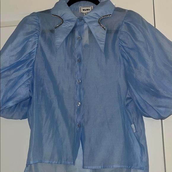 Wowo Sheer Blue Blouse with Puff Sleeves - Picture 3 of 5